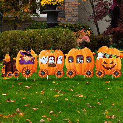 Shellwei 4 Pcs Thanksgiving Pumpkin Yard Outdoor Decor Skeleton Train Yard Signs Autumn Harvest Decorations for Lawn Outdoor Garden Farmhouse Home Thanksgiving Party Decor(Pumpkin,Yellow)