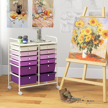 LDAILY 12 Drawer Rolling Storage Cart, Craft Cart Organizer on Wheels with Metal Frame, Large Capacity & Smooth Drawers for Living Room, Classroom, Office (Gradient Purple)
