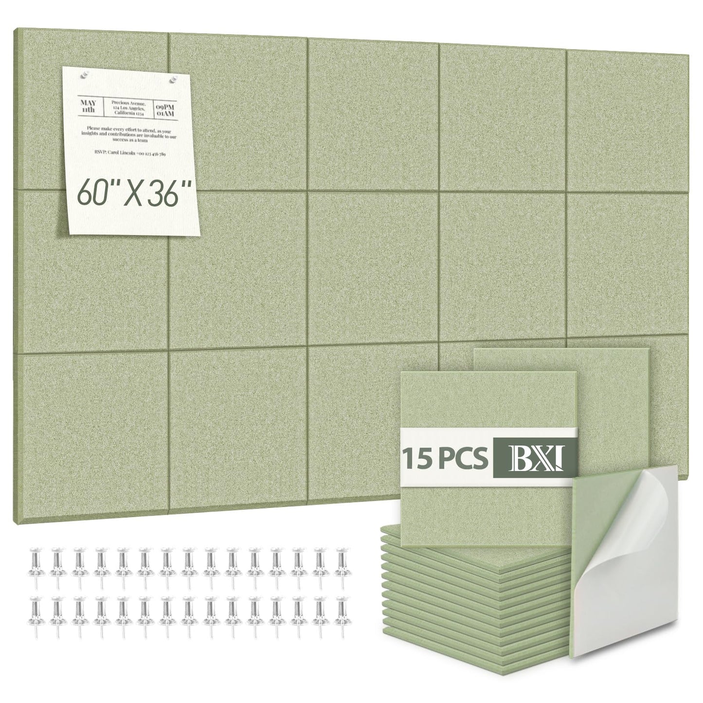 BXI Felt Bulletin Board - 60 X 36 Inches, 15 Pcs Self-Adhesive Decor Cork Boards with 30 Pushpins, Sturdy Acoustic Wall Panels for Office Work, Poster Pin Tiles for Teen Dorm Room Kitchen Classroom