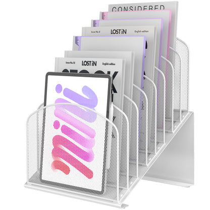Inclined Desk File Organizer Metal Desk Magazine Folder Holder with 8-Section Vertical Compartments Rack File Organizer for Office, Home, School, White