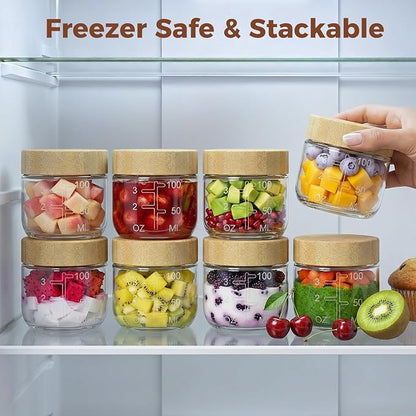 HomArtist 4oz Glass Salad Dressing Containers with Bamboo Lids - 3 Pack Small Airtight Condiment Cups, Mini Sauce Jars for Picnic, Ketchup, Dip & Snacks, Leakproof, BPA-Free & Dishwasher Safe