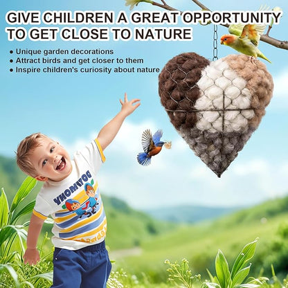 Handmade Fiber Bird Nesting Heart, Refillable Birds Haven 1 Heart Shape Hummingbird Nesting and 2 Bags of Nest Materials, Winter Fowl Gifts Animal Hummingbirds Lovers Home Garden Yard