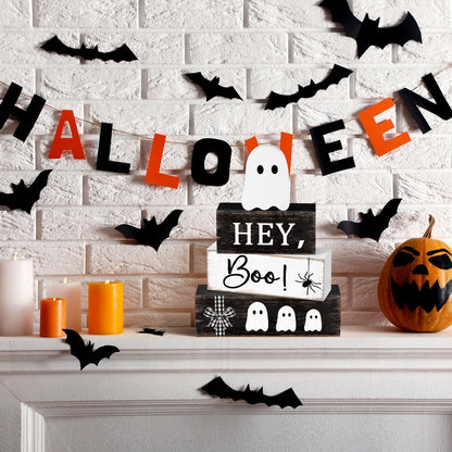 Cinnvoice 4 Pcs Halloween Table Decorations Ghost Tiered Tray Decor Farmhouse Ghost Tabletop Centerpiece Rustic Wooden Block Sign Gift Halloween Decor for Home Office Mantel Kitchen Shelf(Pretty)