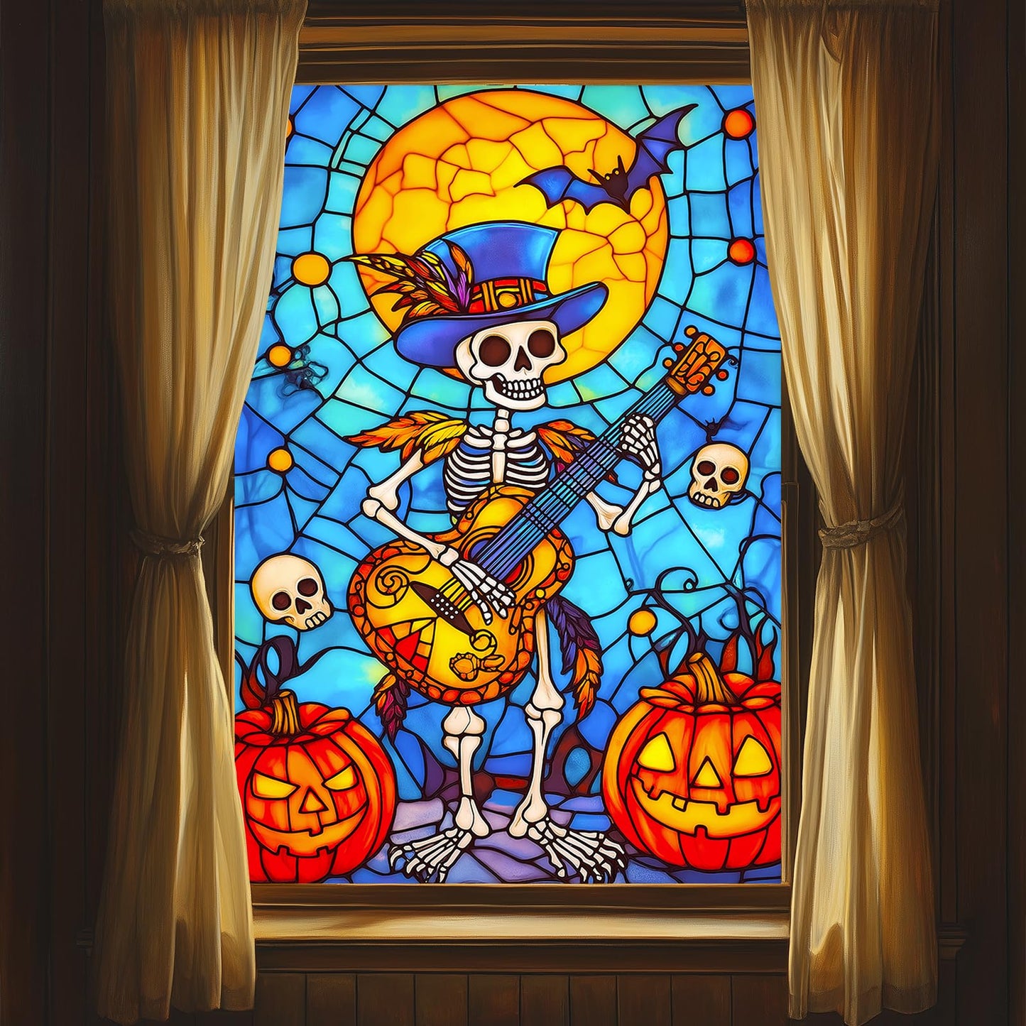 HOMETITUTE Halloween Skeleton Musician Window Film 31x47 Inch Decorative Window Film Pumpkin Guitar Skull Scene Stained Glass Cling for Mirror Door Privacy Decor for Home Party School Office
