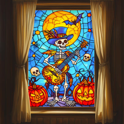 HOMETITUTE Halloween Skeleton Musician Window Film 31x47 Inch Decorative Window Film Pumpkin Guitar Skull Scene Stained Glass Cling for Mirror Door Privacy Decor for Home Party School Office