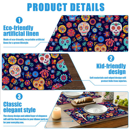 Sugar Skull Mexican Día de Los Muertos Placemats Set of 6, Halloween Washable Linen Place Mat Heat Resistant Non Slip Kitchen Dining Table Mats 12x18 Inch