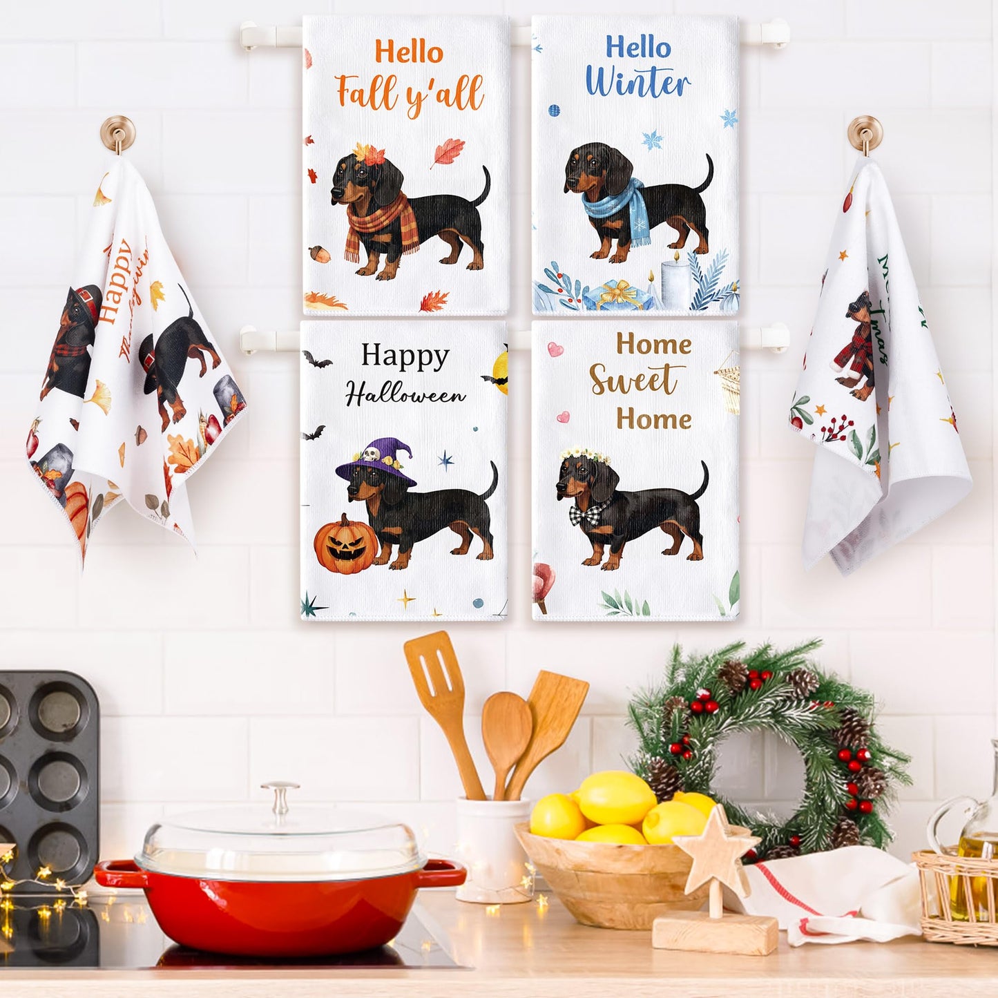 WATINC Seasonal Kitchen Hand Towels - 12pcs Dish Tea Towel Set for Home Kitchen Bathroom Holiday Decorative, Fun Wash Cloth Dishcloth for Summer Fall 4th of July Halloween Decor Gift (Dog Style)