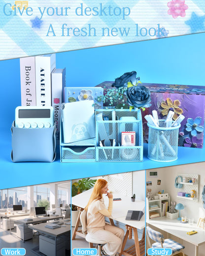 23pc Blue Desk Accessories and Organizers with Mesh Organizer Stapler Tape Dispenser Calculator and a Lot of Office Purple Office Supplies Beautifully Presented in a Gift Box