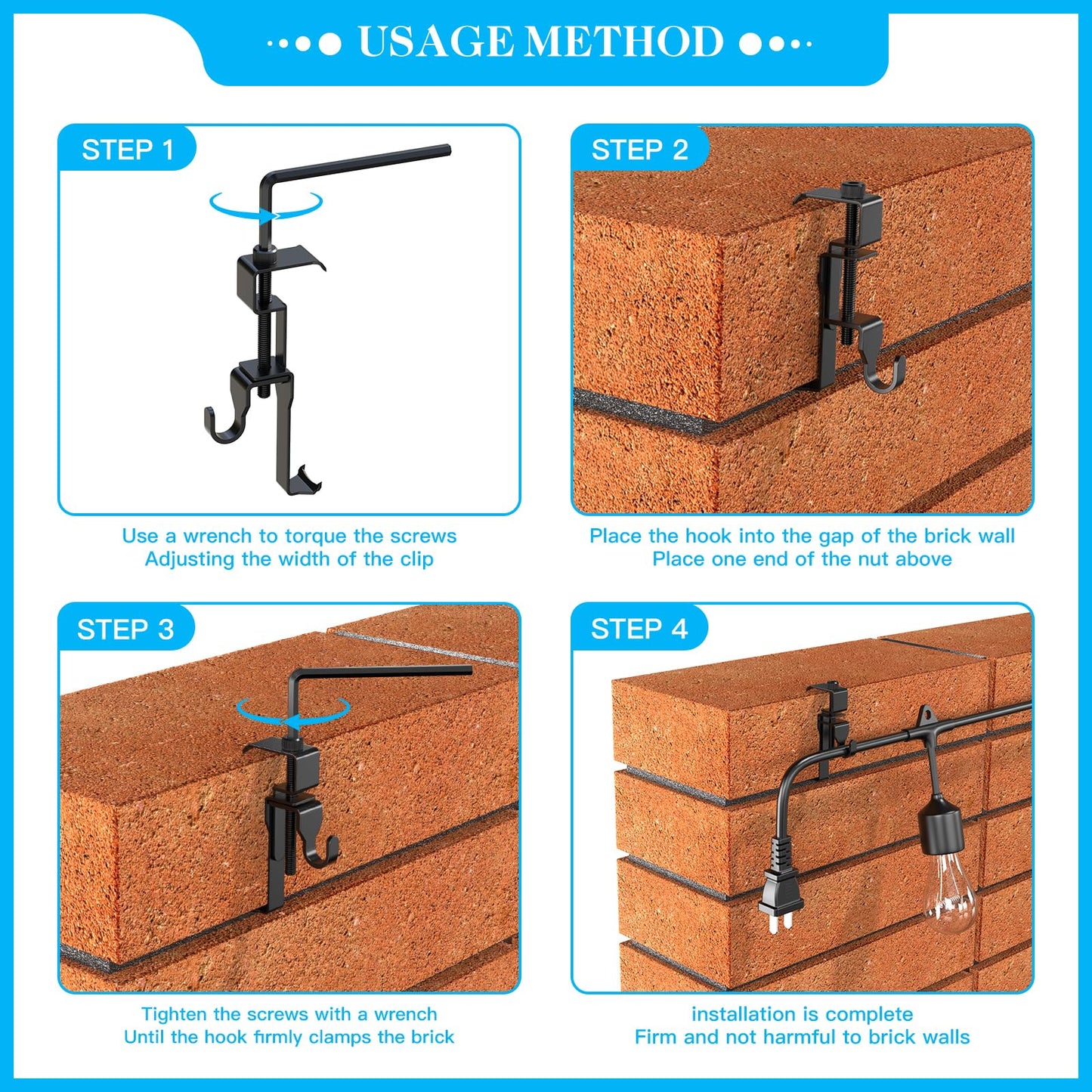 Lewufe Stainless Steel Brick Wall Clips, Brick Hooks Clamp Outdoor Heavy Duty 1-3/4" to 2-1/2" Brick Hook Brick Hangers No Drill, 6 Packs