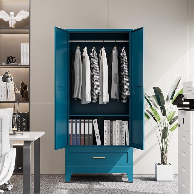 COFaR Metal Wardrobe Closet, 71" Armoire Cabinet with Drawer & Hanging Rod, Freestanding 2-Door Clothing Storage with Adjustable Shelf, Elegant Bedroom Organizer (Peacock Blue)