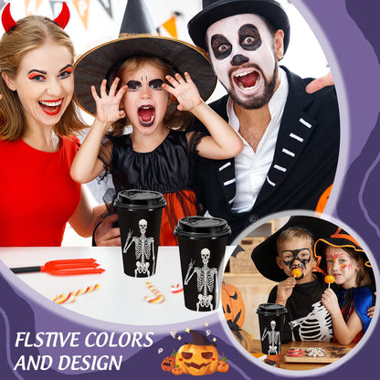 JarThenaAMCS 50Pcs Halloween Coffee Cups 16 Oz Smiling Skeleton Paper Cup with Lid Disposable Black Drinking Cups for Hot Cold Drink Trick or Treat Party Supplies