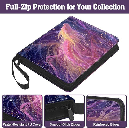 Trading Card Binder 900 Capacity, 50 Double-Sided 9-Pocket Top-Loading, 3-Ring TCG Album for 2.5 x 3.5 Cards, Acid Free PVC Free, Water-Resistant PU with Wrist Strap - Nebula Dragon Design