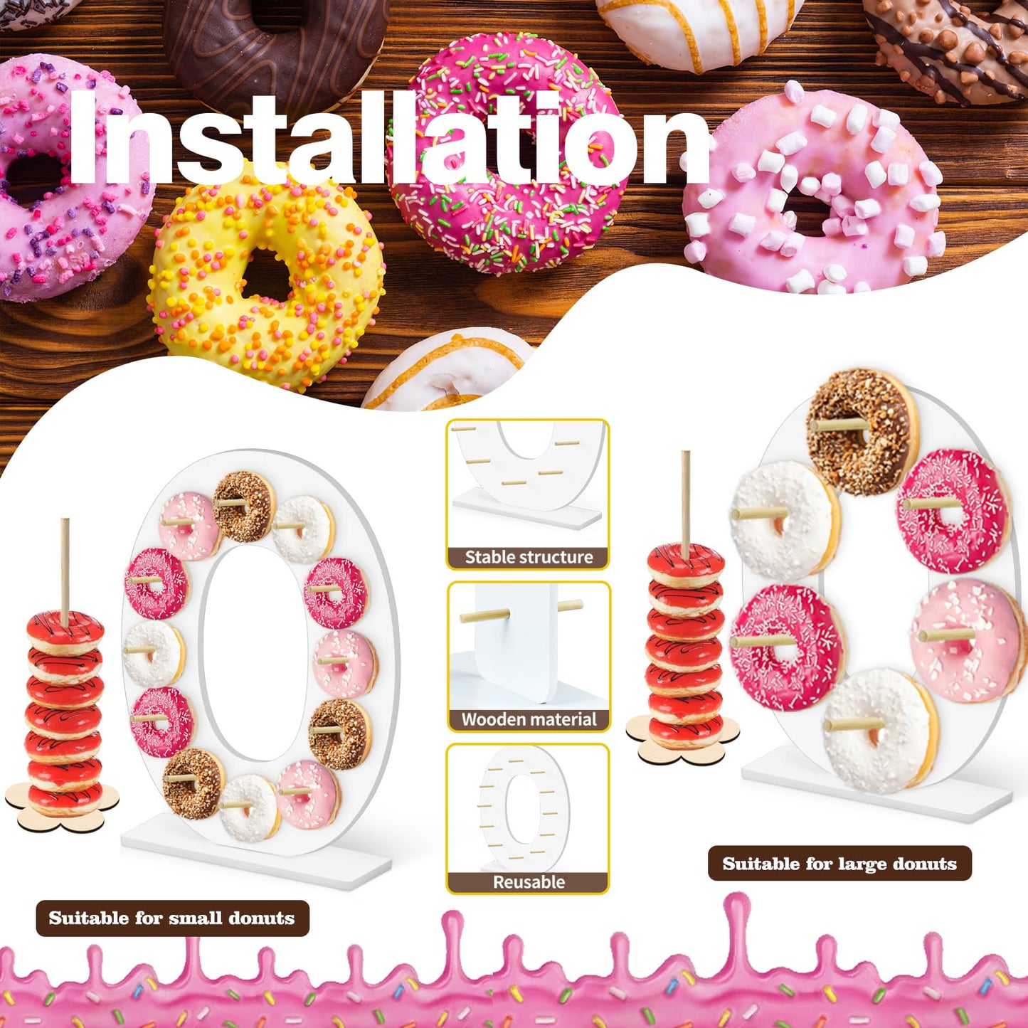 soleim 5 Pcs Donut Stand Set, Doughnut Party Supplies Include 1 Pc Digit Donut Wall Display Stand, 4 Pcs Doughnut Wall, for Birthday Wedding Baby Shower Party (White number 0)