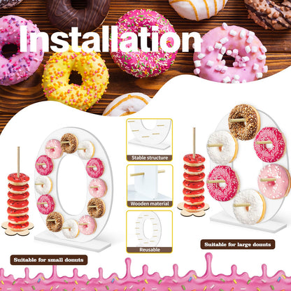 soleim 5 Pcs Donut Stand Set, Doughnut Party Supplies Include 1 Pc Digit Donut Wall Display Stand, 4 Pcs Doughnut Wall, for Birthday Wedding Baby Shower Party (White number 0)