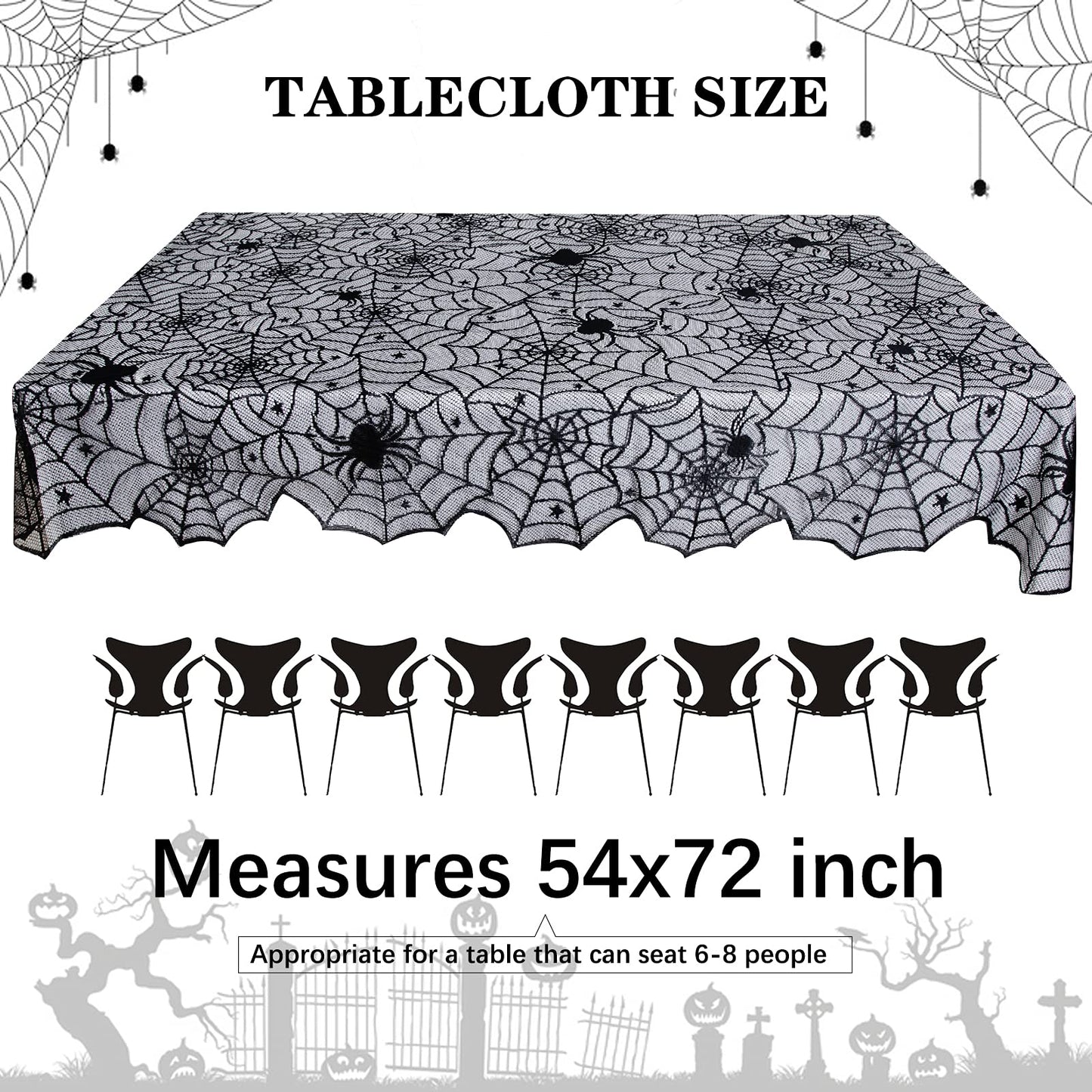 LuoluoHouse Black Lace Tablecloth 54x72 Inch Halloween Tablecloths Spider Cobweb Table Cover for Masquerade Dinner Party Scary Movie Nights Table Decorations