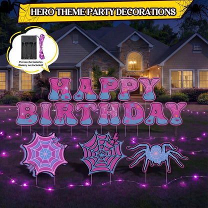 BrightRow 16 Pcs Spider Birthday Decorations Happy Birthday Yard Signs with Stakes and Lights 13" Weatherproof Yard Sign for Halloween Theme Outdoor Lawn Decor