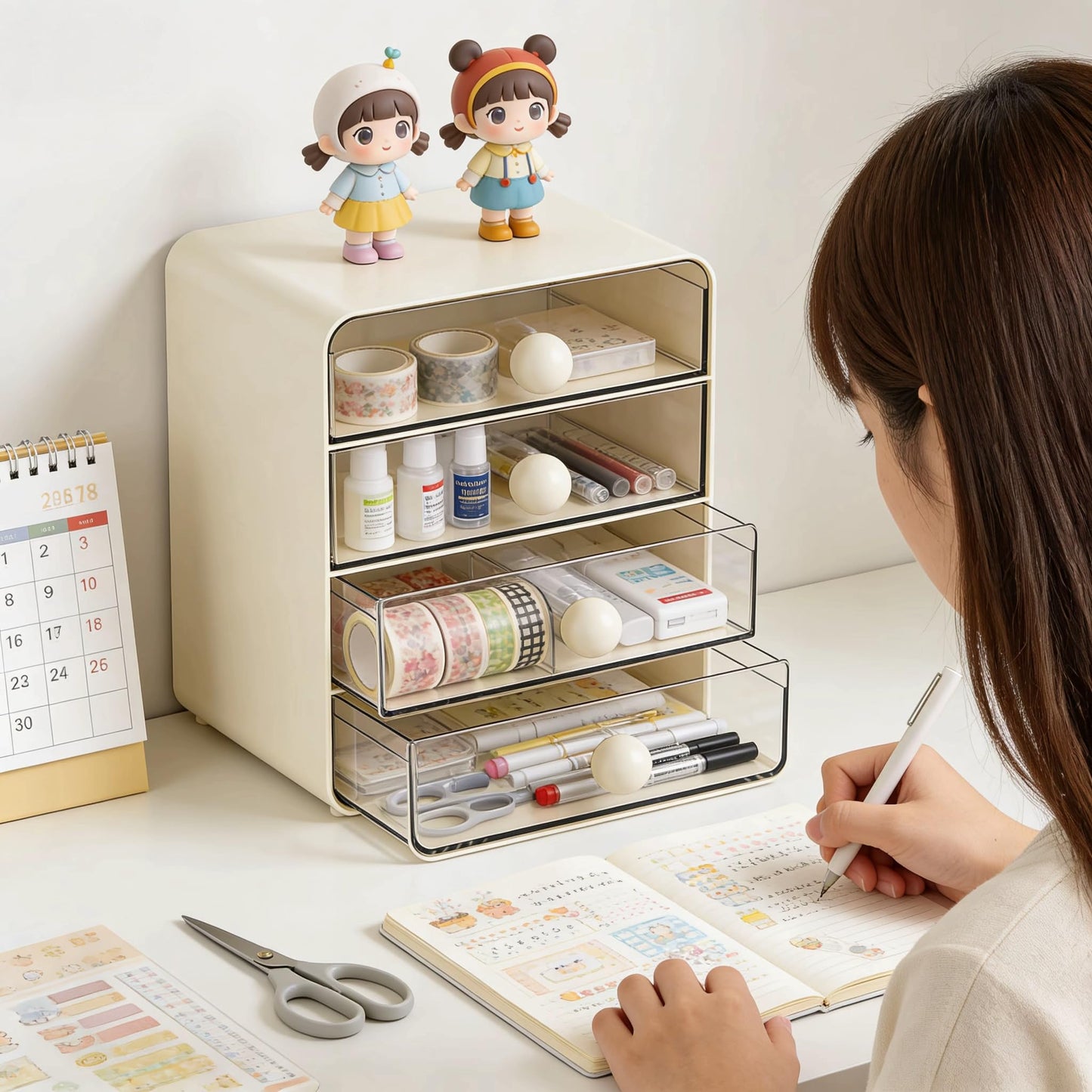 Aitoubil Desk Organizer with 3 Drawers,Plastic Desktop Storage Box for School,Home,Office Supplies,Makeup,Kitchen,Pencils,Chargers,Letter (Cream)