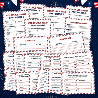 Humyoun 4th of July Friendly Feud Game with 2 Answer Buzzers, Independence Day Feud Cards for Family Game Night Fun Trivia Quiz for Party Office Class Groups Team Building (Red White Blue, Patriotic)