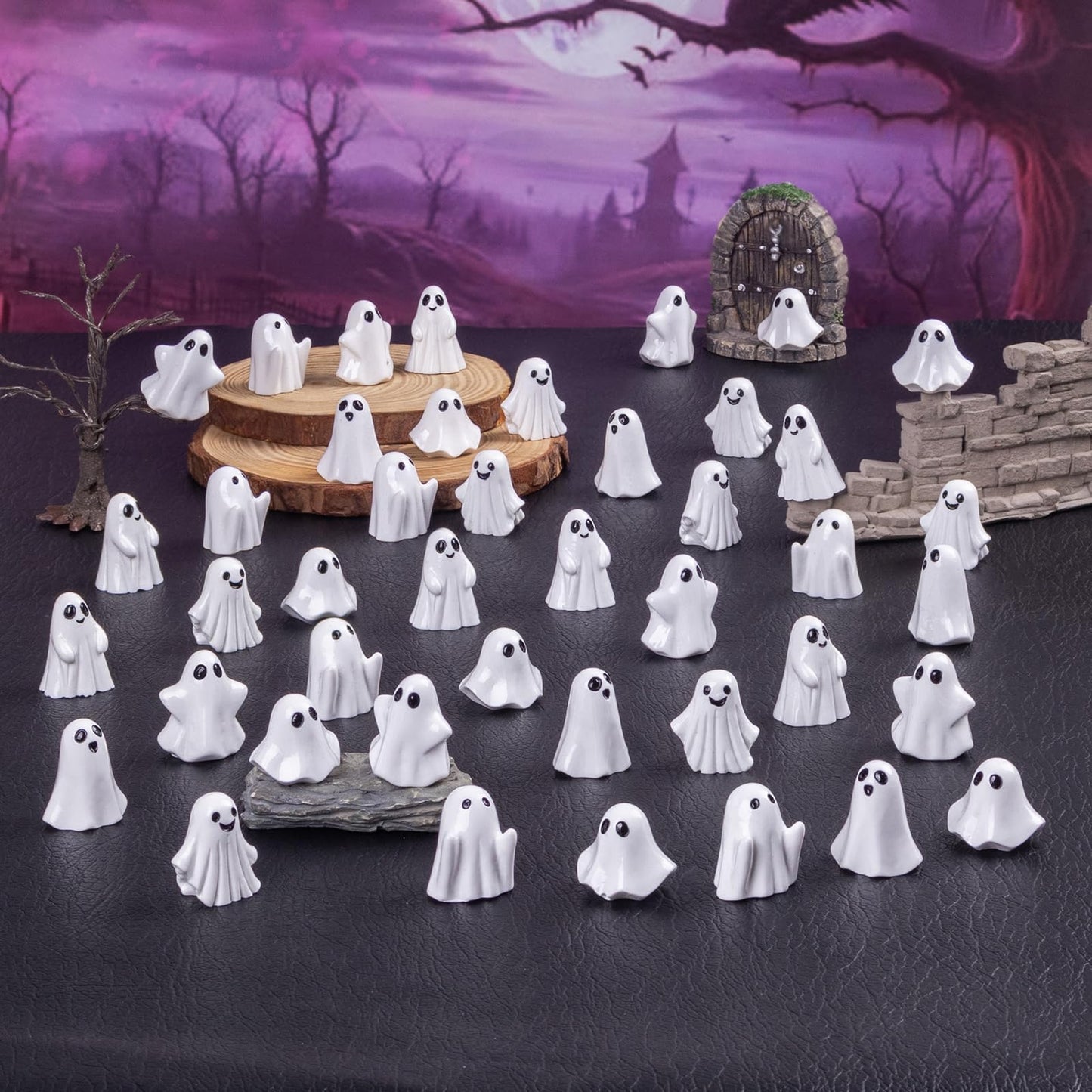 Cutecutedy 60Pcs Mini Resin Ghost Figurines,Tiny Little Ghosts for Halloween Decor,Cute Spooky Vase Filler,Tiered Tray & Table Centerpiece,Miniature Party Favors,Home Decor