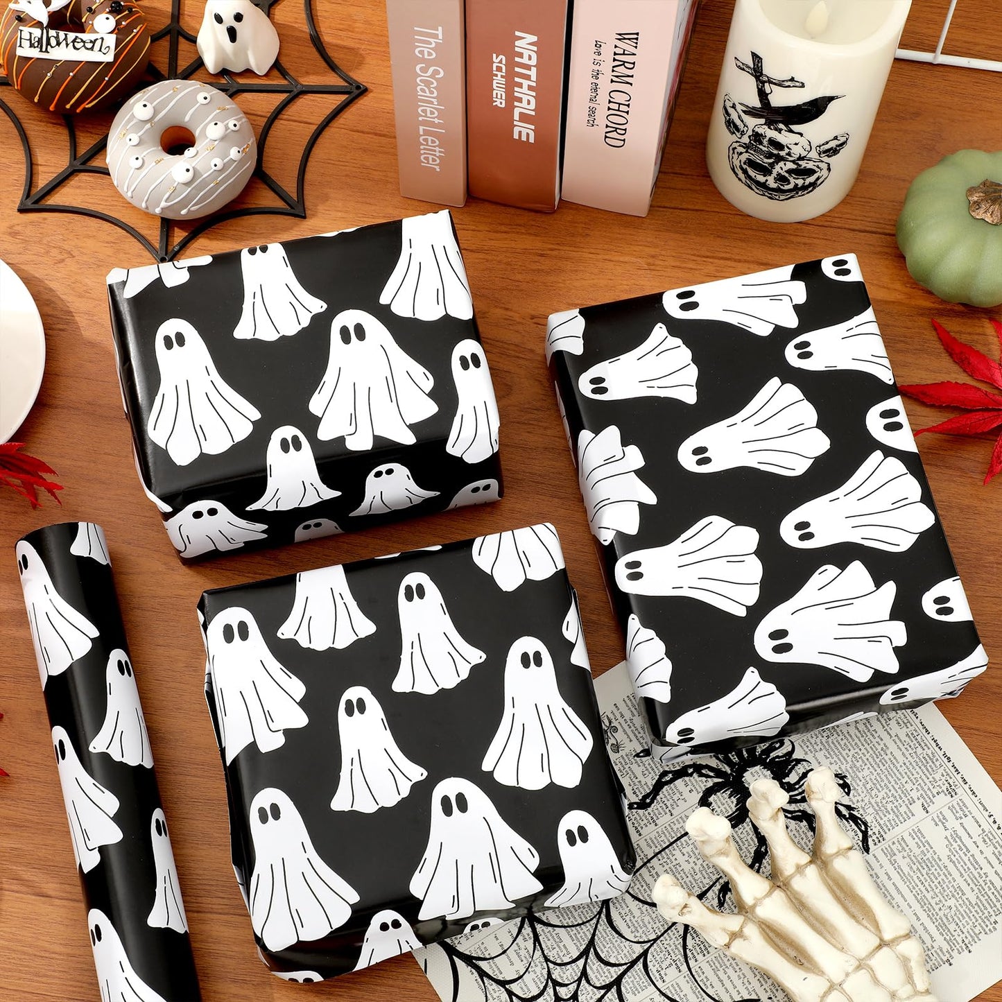 Whaline Halloween Wrapping Paper -Mini Roll- 17 In x 32.8 Ft Groovy Black White Ghost Gift Wrap Paper for Baby Shower Birthday Halloween Wrapping Supplies