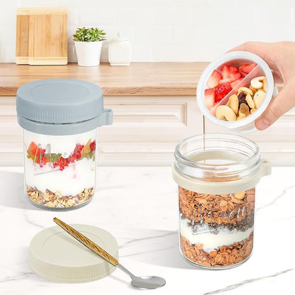 Xyptorix 2 Pack Overnight Oats Containers with Lids and Spoons, 16 oz Mason Jars with Removable Separate Compartments, Airtight and Leak-Proof Glass Jars for Chia Pudding, Yogurt, and Oatmeal