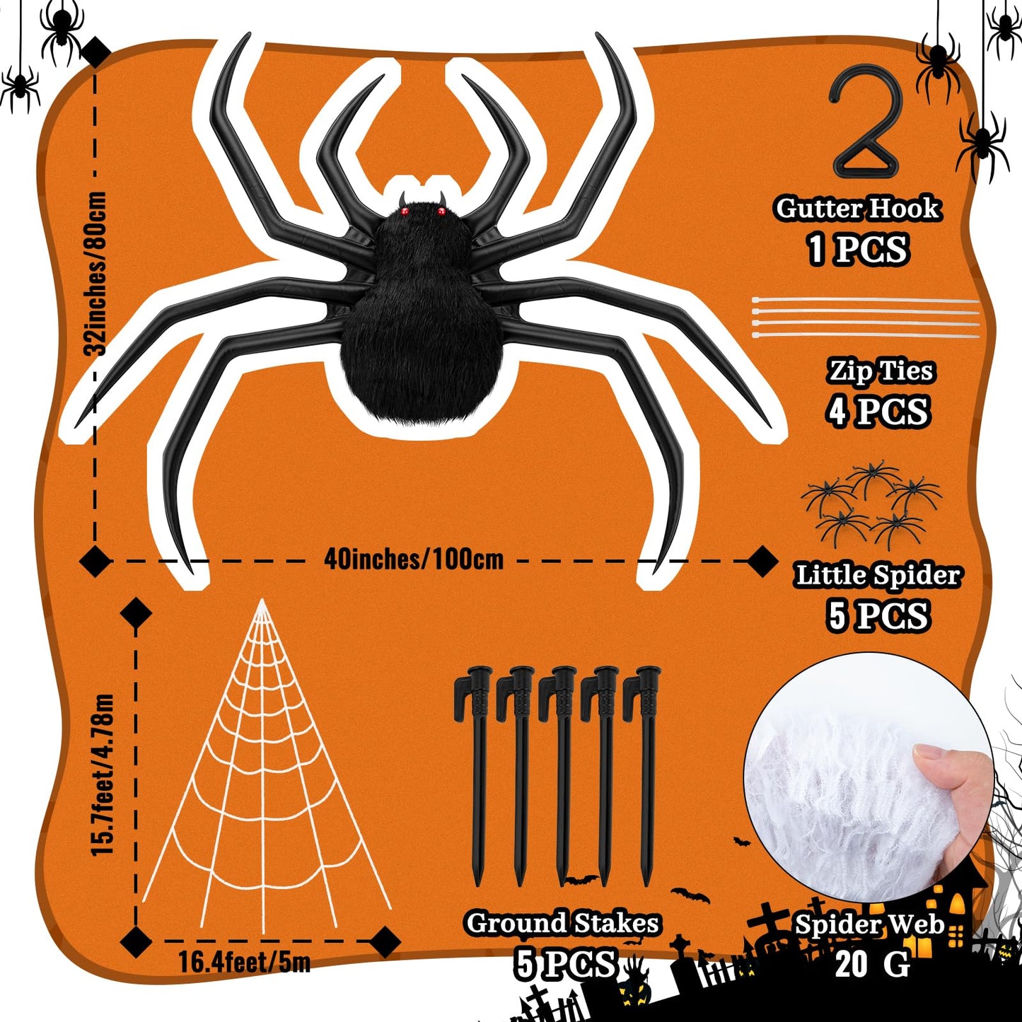 Halloween Decorations Spider Web, 40'' Inflatables Giant Spider + 200'' Triangular Giant Spider Web + 20G Spider Web, Scary Hairy Fake Halloween Spiders Props for Indoor Outdoor Party Halloween Yard.