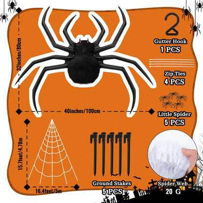 Halloween Decorations Spider Web, 40'' Inflatables Giant Spider + 200'' Triangular Giant Spider Web + 20G Spider Web, Scary Hairy Fake Halloween Spiders Props for Indoor Outdoor Party Halloween Yard.