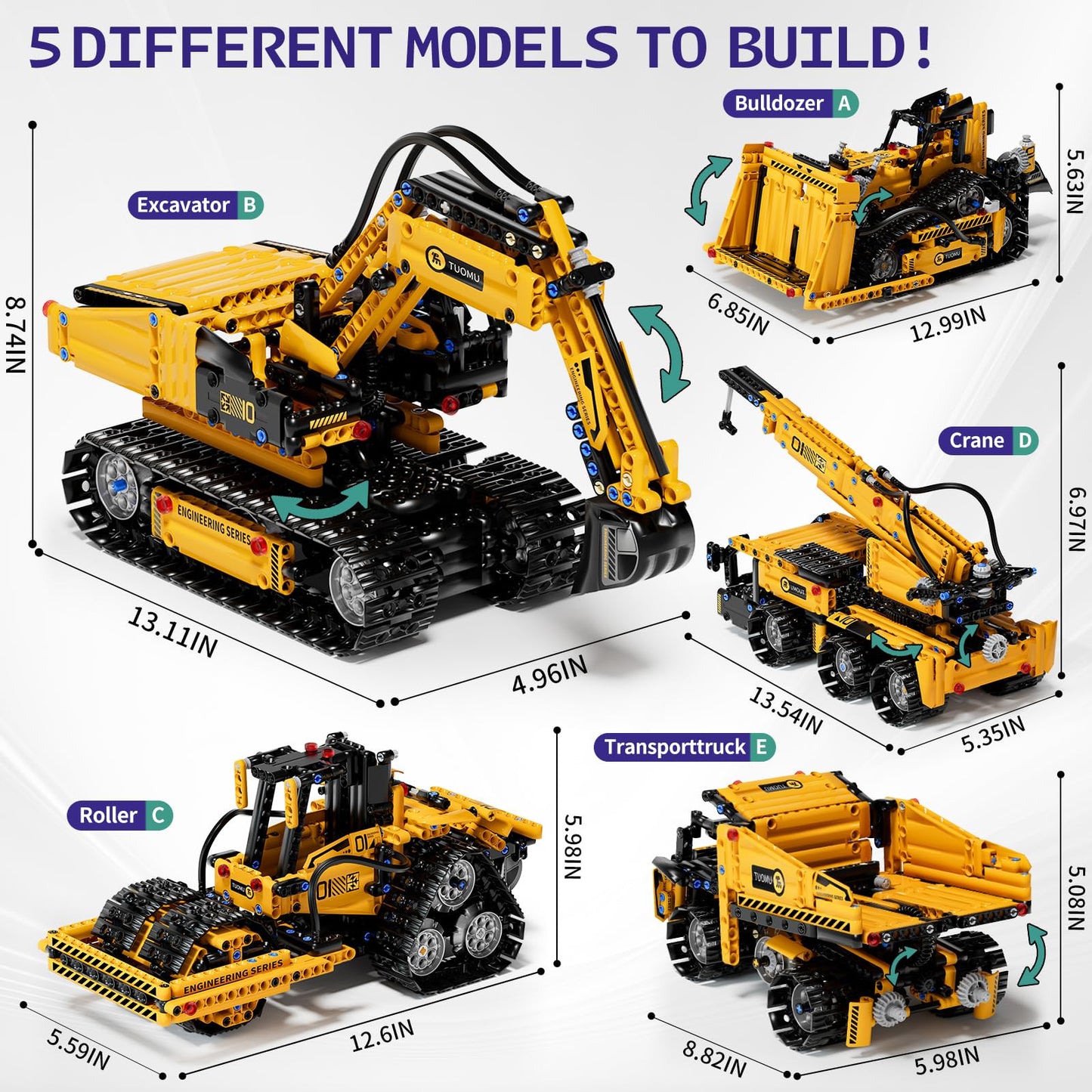 DOLIVE 5 in 1 STEM Building Block Set, App & Remote Control Construction Vehicle Kit, DIY Excavator Crane Truck Bulldozer Roller, Educational Birthday Gift for Kids 8-14 Years Old