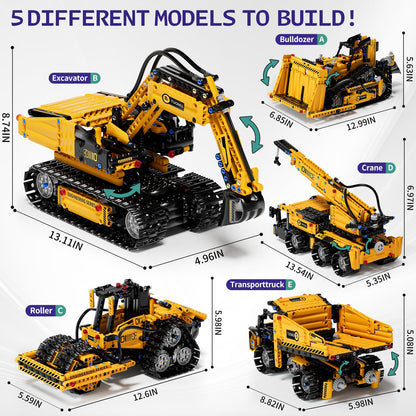 DOLIVE 5 in 1 STEM Building Block Set, App & Remote Control Construction Vehicle Kit, DIY Excavator Crane Truck Bulldozer Roller, Educational Birthday Gift for Kids 8-14 Years Old