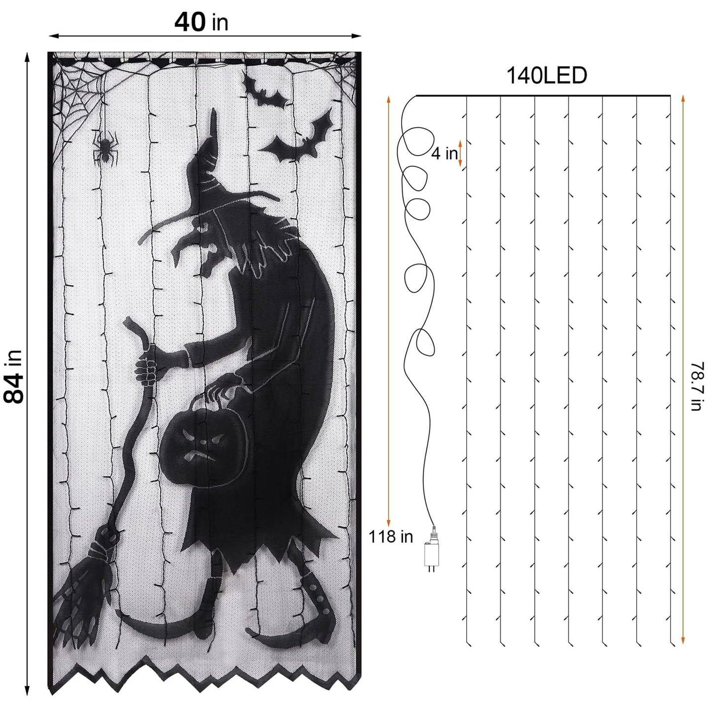 Watereem Lighted Halloween Decorations, 40 x 84 Inch 146 LED Purple Curtain Lights with Black Lace Witch Pattern, Scary Skeleton Window Door Drapes for Home Front Door Window Office Party Supplies