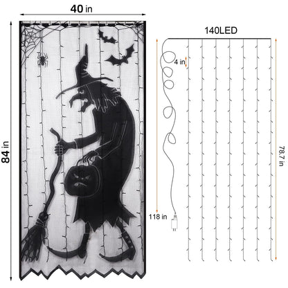 Watereem Lighted Halloween Decorations, 40 x 84 Inch 146 LED Purple Curtain Lights with Black Lace Witch Pattern, Scary Skeleton Window Door Drapes for Home Front Door Window Office Party Supplies