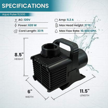 HALF OFF PONDS Submersible Water Pump, 10,500 GPH Pond Pump with 33FT Power Cord and 27 FT Max Head, 620W Ultra Quiet Energy Efficient Pump for Koi Pond, Fountain, Waterfall, Water Garden, Skimmer