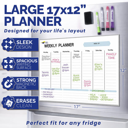 Magnetic Weekly Planner for Fridge - 17x12” Stain-Resistant Dry Erase Whiteboard Fridge Calendar with Large Writing Space for Schedules, Chores & Meals - Includes 4 Markers & Eraser