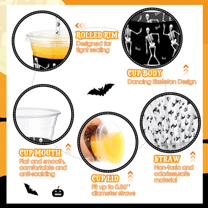 meekoo 50 Sets Skeleton Cup with Flat Lids and Straws 12 oz White Black Skeleton Bone Plastic Cups Clear Drink Disposable Cups with Lids for Halloween Decoration Mega Haunted House
