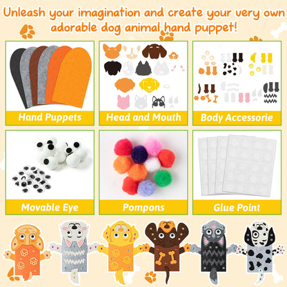 WATINC 6Pcs Hand Puppet Making Kit, Art Craft Felt Sock Puppet Toys, Creative DIY Make Your Own Pompoms Wiggle Googly Eyes Storytelling Role Play Party Supplies Gift for Girls Boys (Dog A)