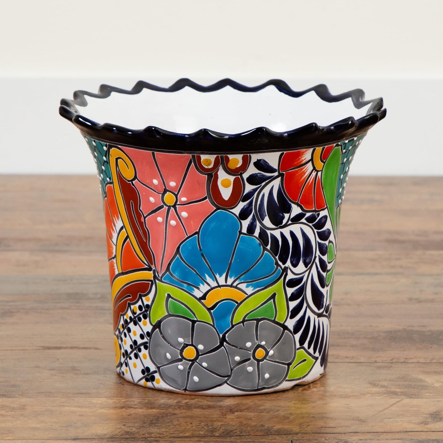 Nearly Natural 10-in x 12-in Handcrafted Mexican Talavera Ceramic Planter – Vibrant Hand-Painted Decorative Art Pot with Drainage Hole