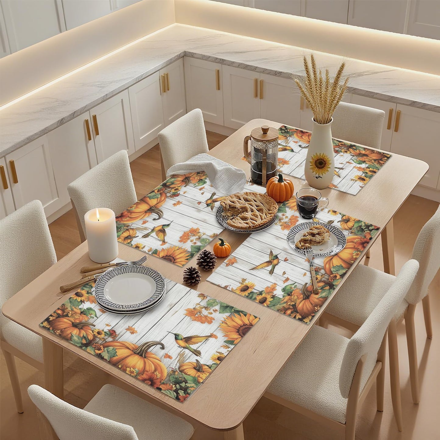 Thanksgiving Day Vinyl Placemats Set of 4 for Dining Tables,Fall Pumpkin Bird Sunflower on Wood Kitchen Table Mats Heat Resistant Washable Wipeable PVC Place Mat for Indoor Outdoor Seasonal Party