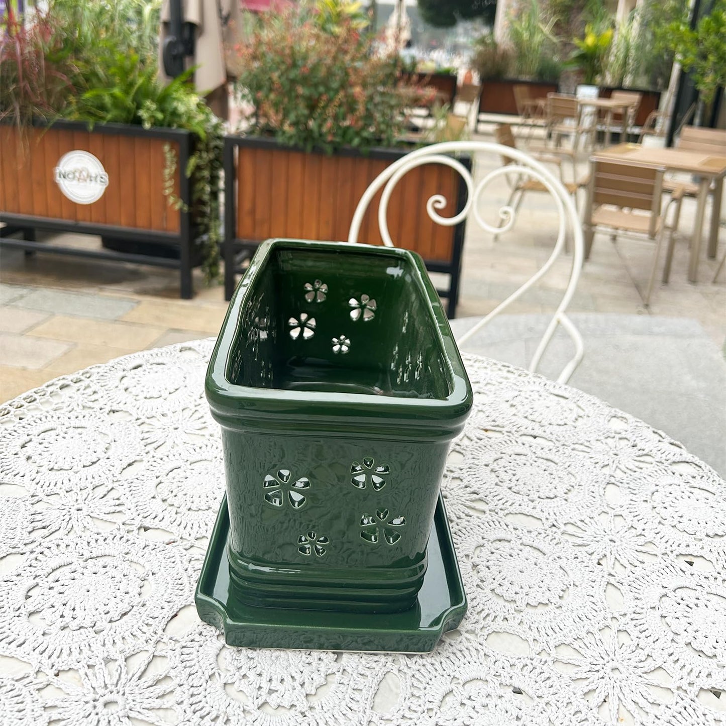EXQUAILTY Orchid Pot with Holes12 Inch Ceramic Plant Pots with Drainage Holes and Tray, Promoting Air Circulation and Drainage, Indoor/Outdoor Green Flower Pots