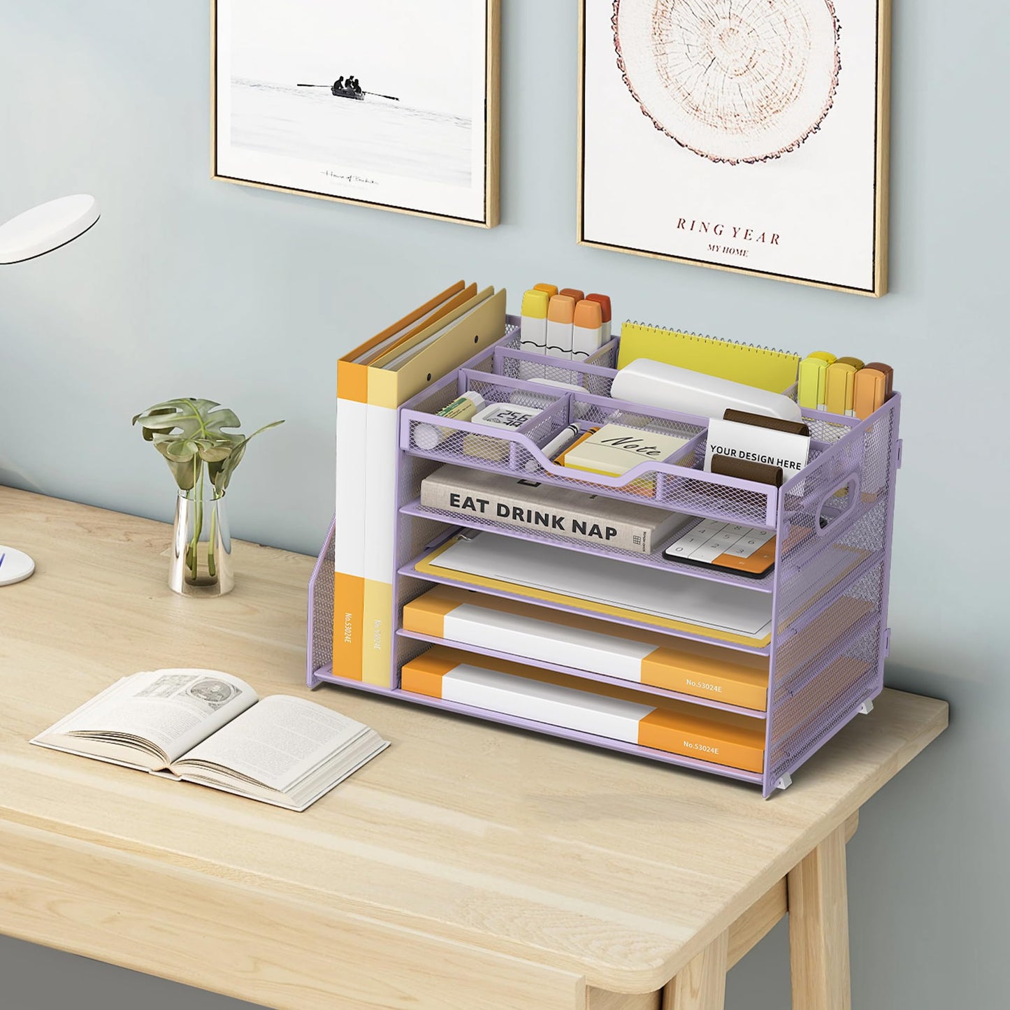 OrgMate 5 Tier Paper Letter Tray with File Holder and 3 Drop-in Pen Holders, Mesh Desk File Organizer with Handle, Desk Organizers and Accessories for School,Home, Office Supplies Storage-Purple