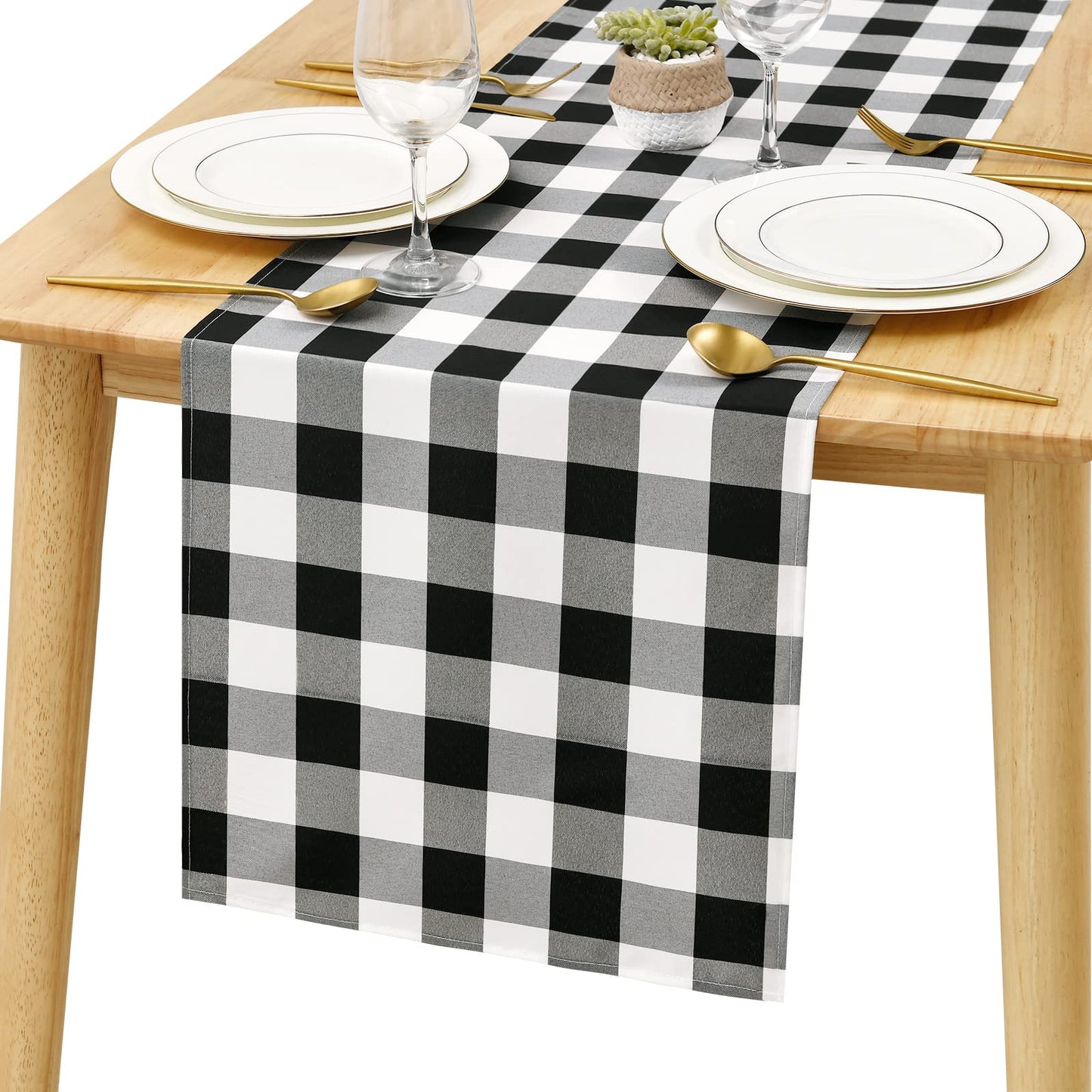 Hiasan Buffalo Plaid Table Runner, Classic Farmhouse Tabletop Collection, Waterproof Table Runner for Kitchen Dining, Banquet, Restaurant, Outdoor Use, 14W x 48L, Black and White, 1 Piece