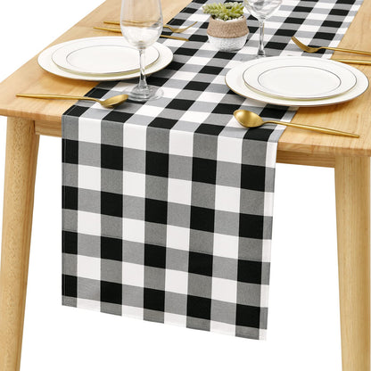 Hiasan Buffalo Plaid Table Runner, Classic Farmhouse Tabletop Collection, Waterproof Table Runner for Kitchen Dining, Banquet, Restaurant, Outdoor Use, 14W x 48L, Black and White, 1 Piece