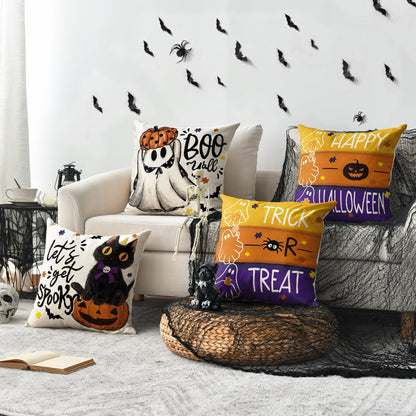 AVOIN colorlife Halloween Hey Boo Cute Ghost Spooky Throw Pillow Covers, 18 x 18 Inch Trick or Treat Let's Get Spooky Cushion Case for Sofa Couch Set of 8