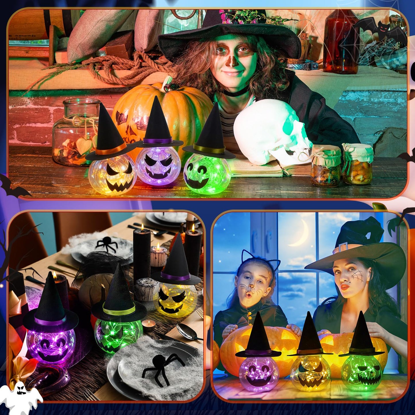 LemonRoad 6 Pack Halloween LED Jack O Lantern Table Decor with Witch Hat Plastic Lighted Pumpkin Jars Mantel Tiered Tray Table Centerpieces for Indoor Outdoor(Orange, Green, Purple)