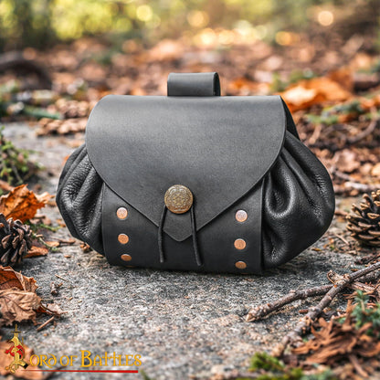 Medieval Drawstring Pouch with Brass Button, Belt Pouch with Loop, Genuine Leather Coin Purse for LARP, Reenactment and Costume (Drawstring Bag, Black)