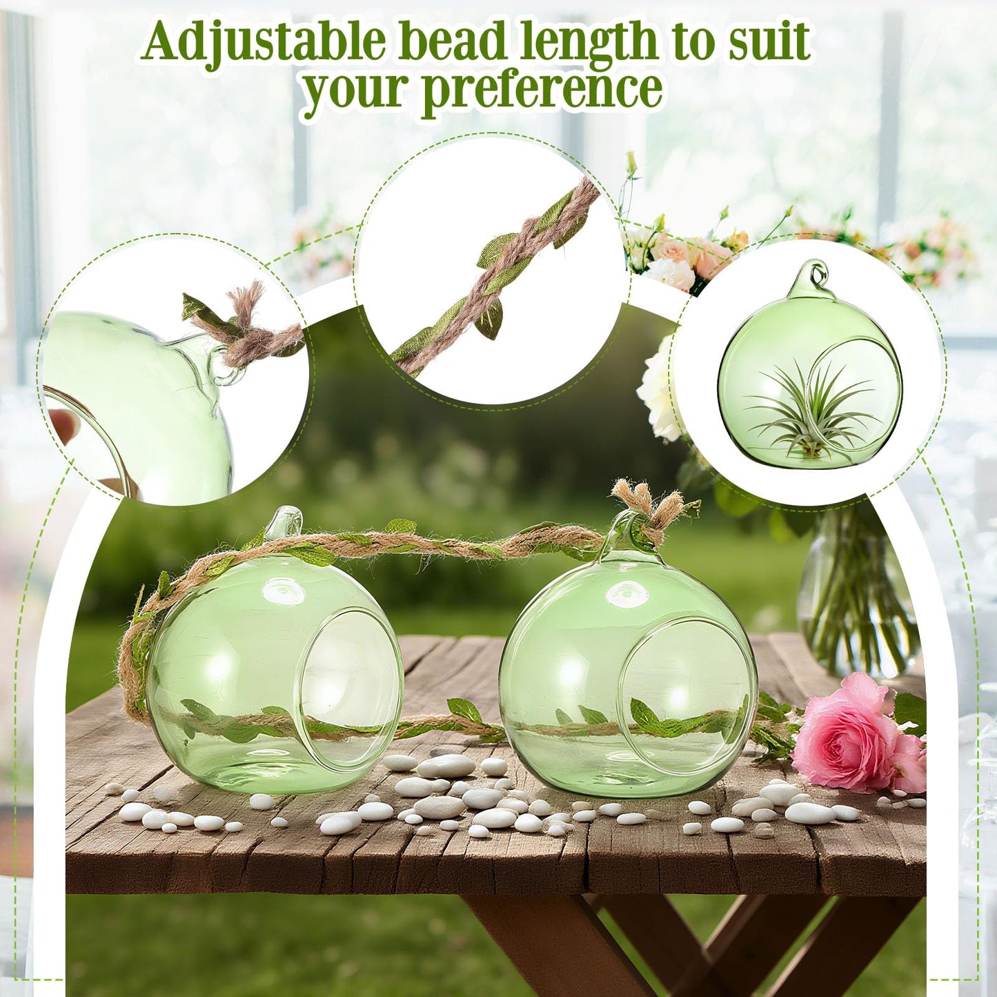 GlikCeil 13 Pcs 3.15'' Hanging Glass Candle Holder with Burlap Leaf Ribbon, Glass Orbs Air Plants Tea Light Candle Holders, Globe Plant Terrariums for Decor Indoor Outdoor Garden DIY (Green)