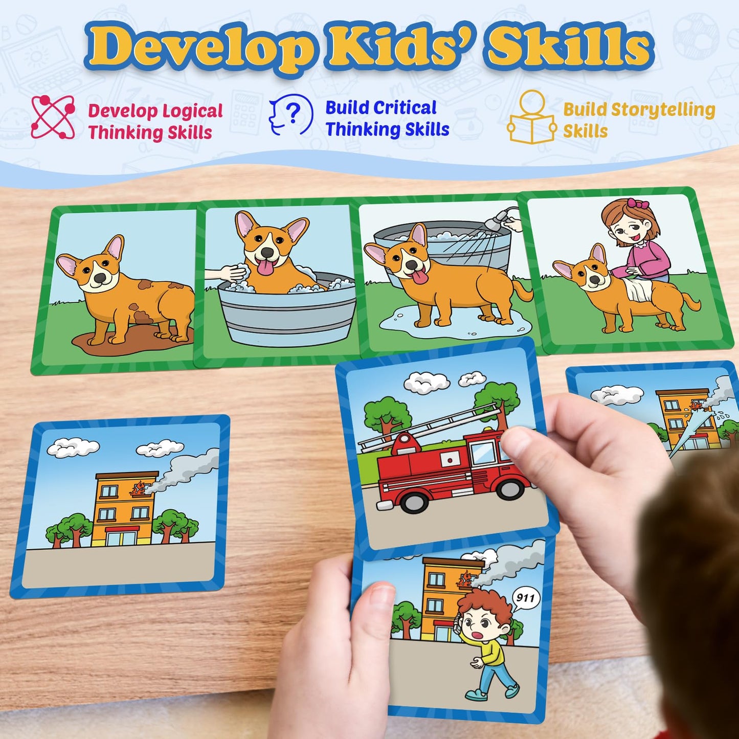 Kasfalci 4-Scene Sequence Board Game, Sequencing Flash Cards, Speech Therapy Materials Sensory Toys for Kids with Autism, Preschool Learning Activity for Improve Storytelling, Social Skills