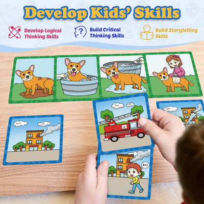 Kasfalci 4-Scene Sequence Board Game, Sequencing Flash Cards, Speech Therapy Materials Sensory Toys for Kids with Autism, Preschool Learning Activity for Improve Storytelling, Social Skills
