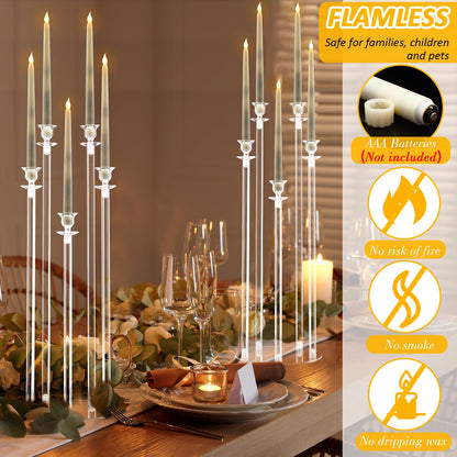 Barydat 4 Set 5 Arms Acrylic Candelabra Centerpieces for Wedding, Clear Candlesticks Holders with 20 LED Candles 2 Remote Timer 22 Rubber Candle Rings for Halloween Christmas Party Dinner Decoration