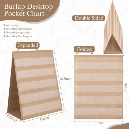 Motipuns Burlap Pocket Chart for Classroom, 17 x 13 Inches Farmhouse Desktop Pocket Chart Stand Double Sided Tabletop Stand Decor for Teacher Homeschoolers Aids in Teaching(1 Pack)