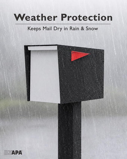 Ilyapa Modern Mailbox for Post Mount - Black with White Door Powder Coated Steel, Waterproof Letter Box for Parcels, with Recessed Magnetic Close Door